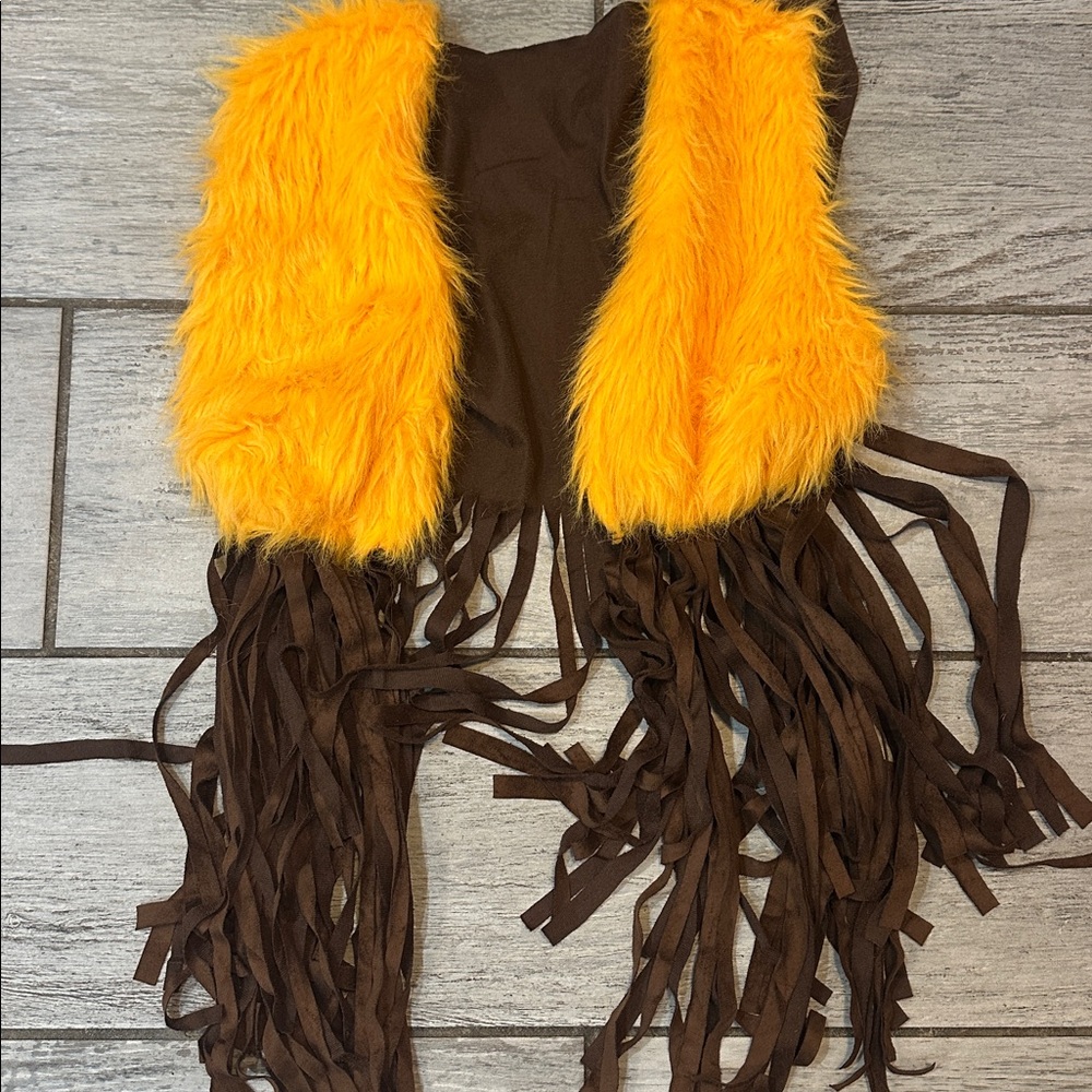 Brown and Yellow Faux Fur Vest with Fringe